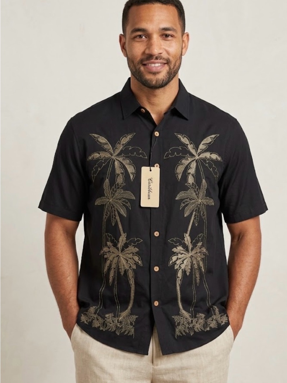 Caribbean Black Short-Sleeve Palm Tree Embroidered Camp Shirt - Gold Embroidery